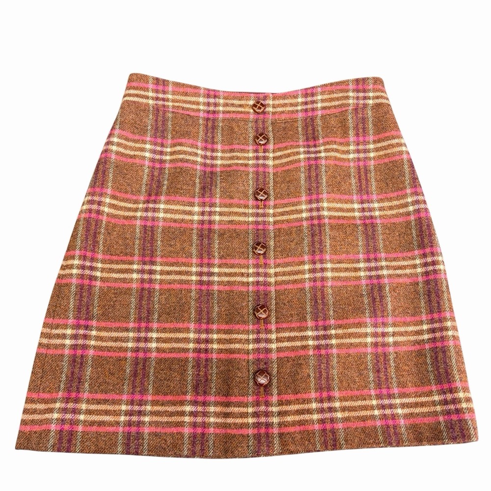 TALBOTS Plaid Button-Front Skirt Womens Sz 8 Brown Pink Wool Blend Western Retro